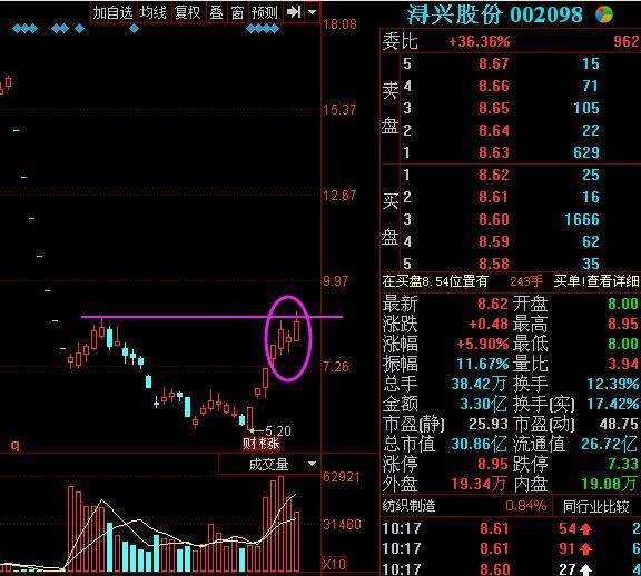君哥论股:浔兴股份002098,突破前期压力位,有
